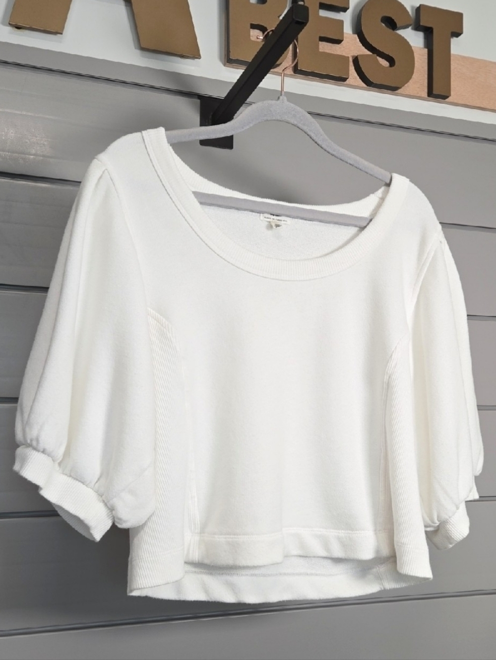 aerie White Short Puff-Sleeve Sweatshirt